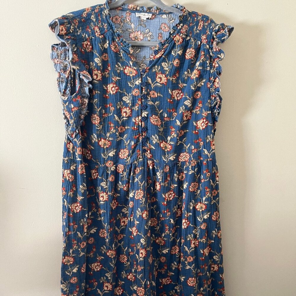 Wonderly XL Dress Boho Short Sleeved Blue Indian Print Floral Rust Cream Ruffles